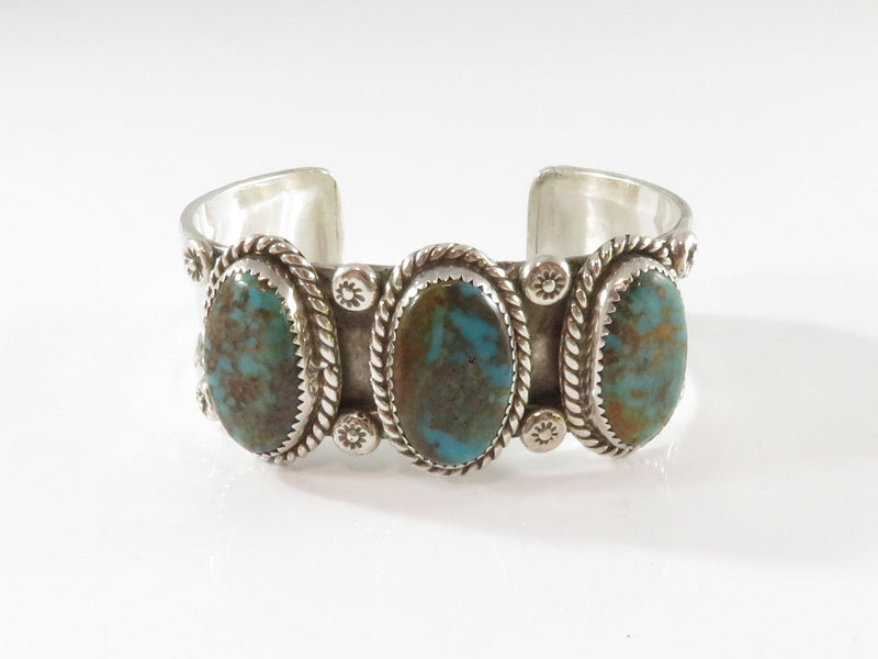 Stunning Sterling Silver Triple Blue Gem Turquoise Navajo Style Unsigned Cuff