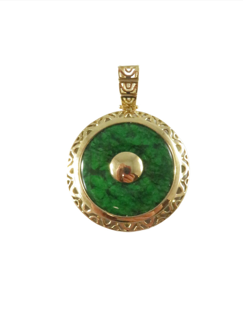14K Gold Filigree Pendant with Burma Maw-Sit-Sit Malachite Disc with Gold Button