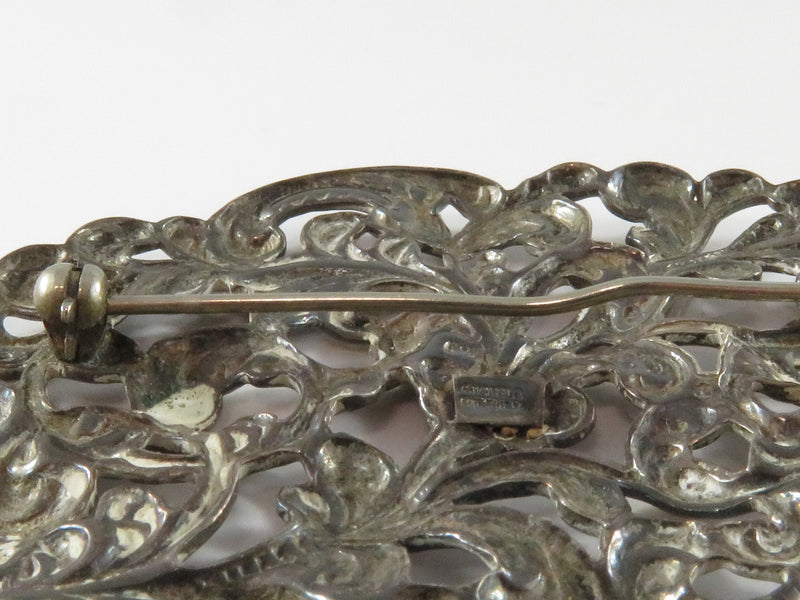 Vintage Sterling Silver Repousse Oval Pierced Floral Brooch by Michelle 2 1/2" x