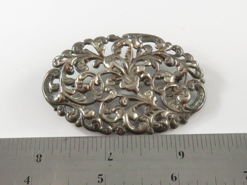 Vintage Sterling Silver Repousse Oval Pierced Floral Brooch by Michelle 2 1/2" x
