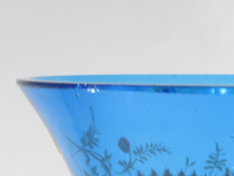 Victorian Blue Glass Hand Painted Fern Design Fluted Trumpet Flower Bud Vase Mis
