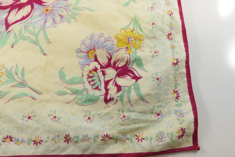 Vintage Floral Handkerchief with Green, Blue, Yellow, Burgundy, Tanning