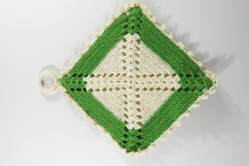 Vintage c1970's Handmade Crochet Hot Pads Pot Holders Yellow, Green, Pink White