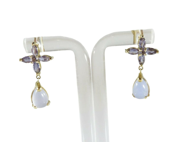Lovely Tanzanite & Blue Moonstone Teardrop Dangle Earrings Floral 14K Gold - Just Stuff I Sell
