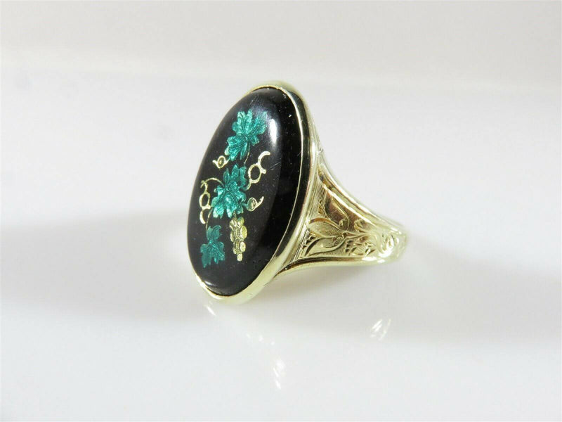 Antique 14K Statement Ring Enameled Leaf Grape Design with Chamfered Band Sz 6 - Just Stuff I Sell
