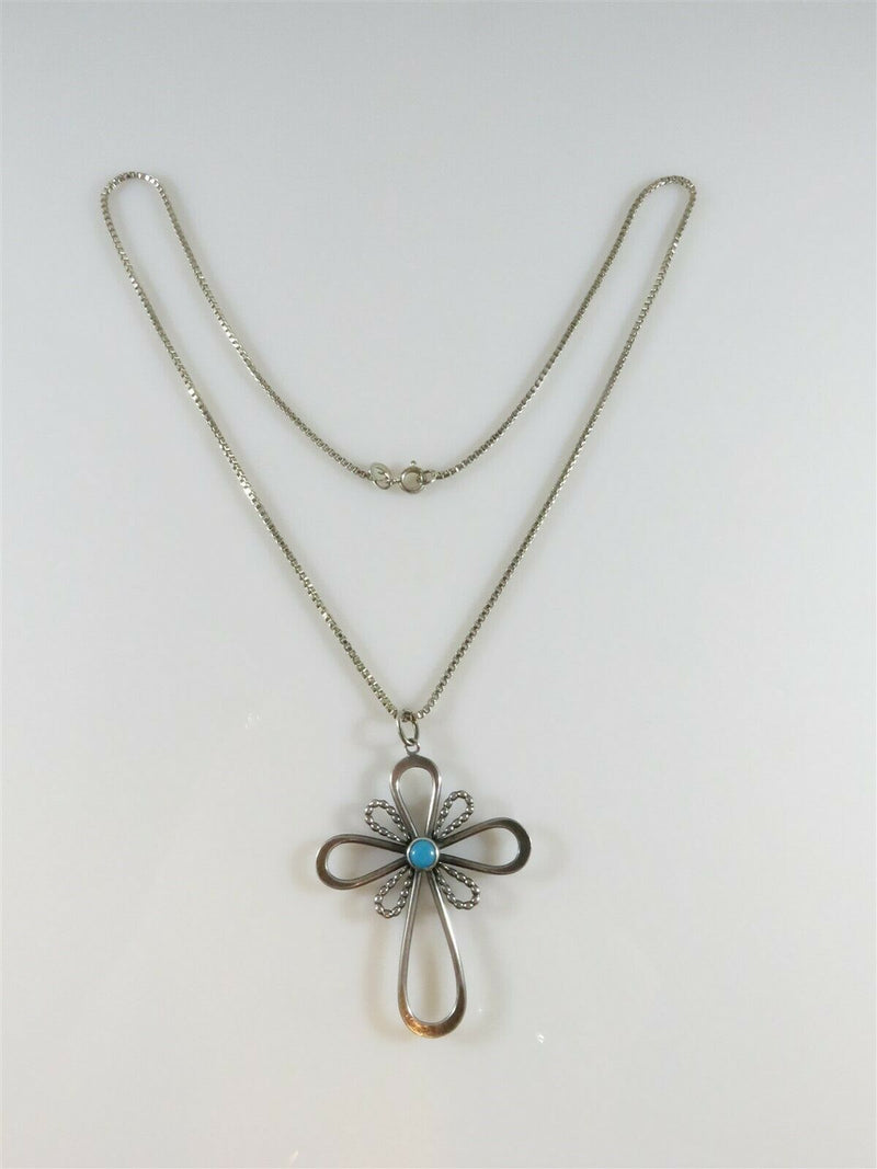 Southwestern Sterling Silver Turquoise Cabochon Cross w/Box Chain Sterling EBB - Just Stuff I Sell