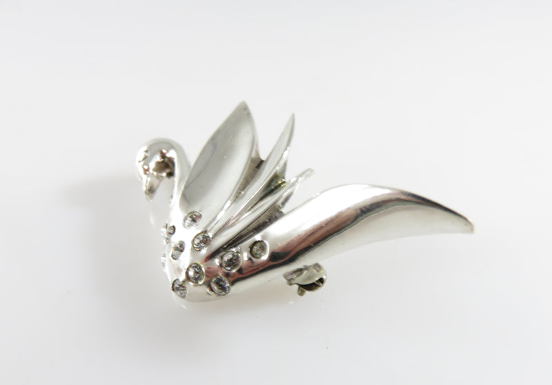 Vintage Sterling Silver Swan Brooch Pin  With Rhinestones Designer Signed 1 7/8"
