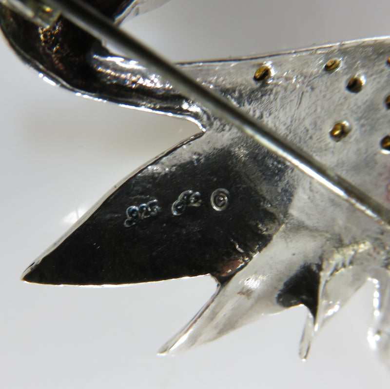 Vintage Sterling Silver Swan Brooch Pin  With Rhinestones Designer Signed 1 7/8"