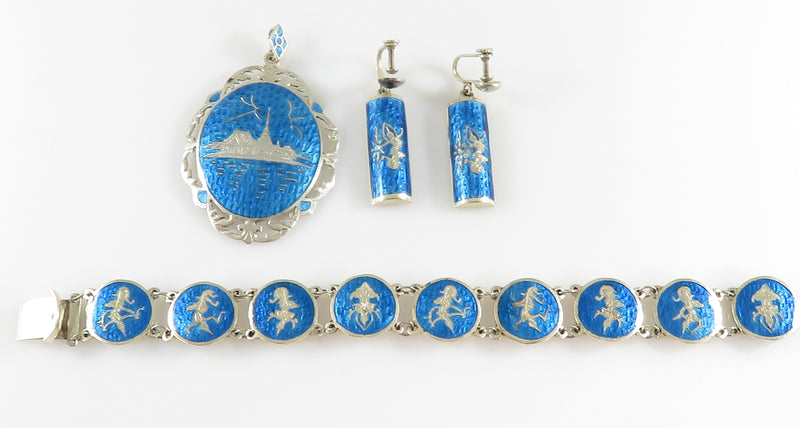 Vintage Siam Sterling Silver Blue Enameled Goddess Mekkala Jewelry Suite