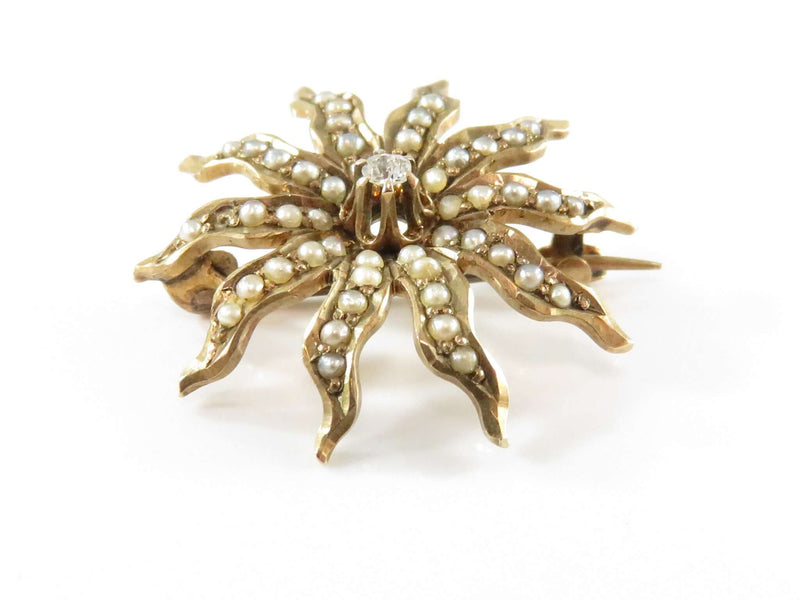 Edwardian 10K Gold Starburst Brooch With Diamond and Seed Pearls