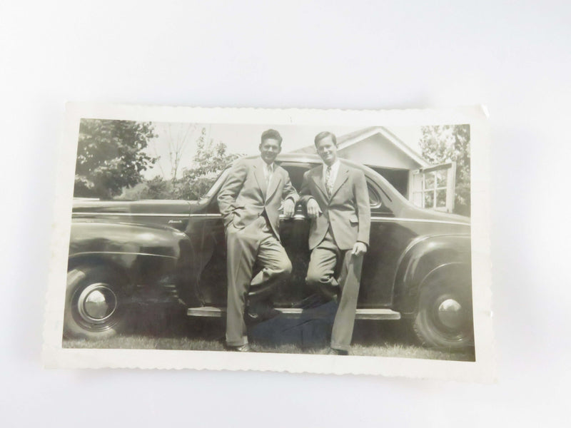 2 Well Dressed Young Men and a 1940's Plymouth Hard Top Coupe 5 3/4 x 3 1/2