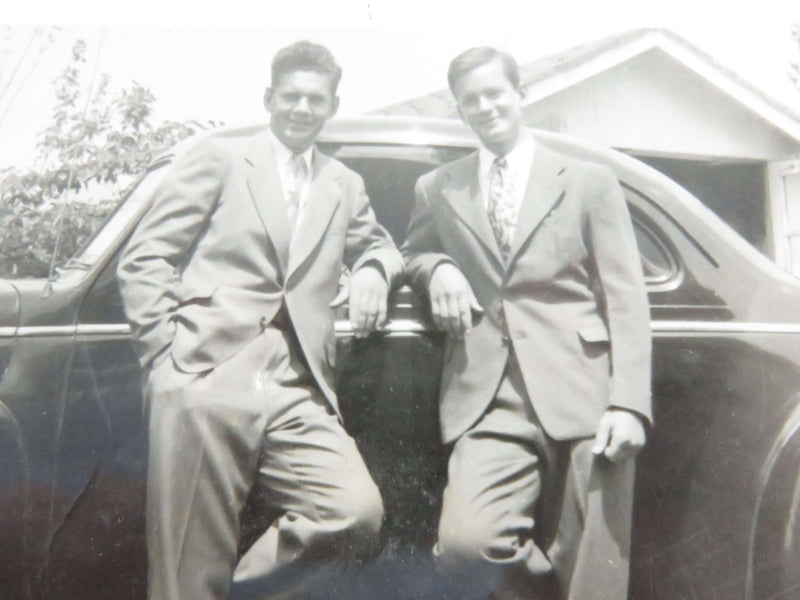 2 Well Dressed Young Men and a 1940's Plymouth Hard Top Coupe 5 3/4 x 3 1/2