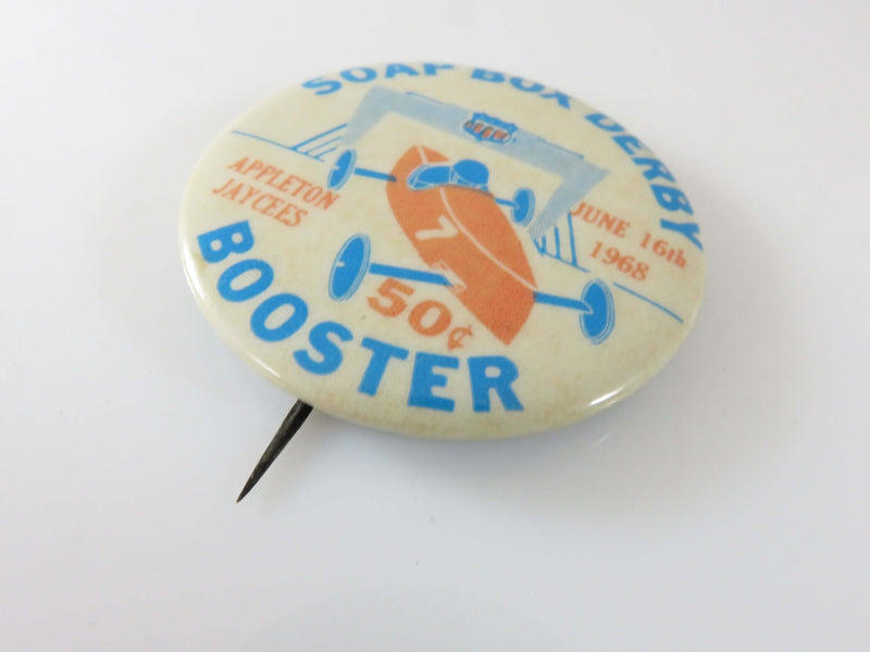 Appleton Jaycees Soap Box Derby Booster Pin June 16th 1968 with Soap Box Phot