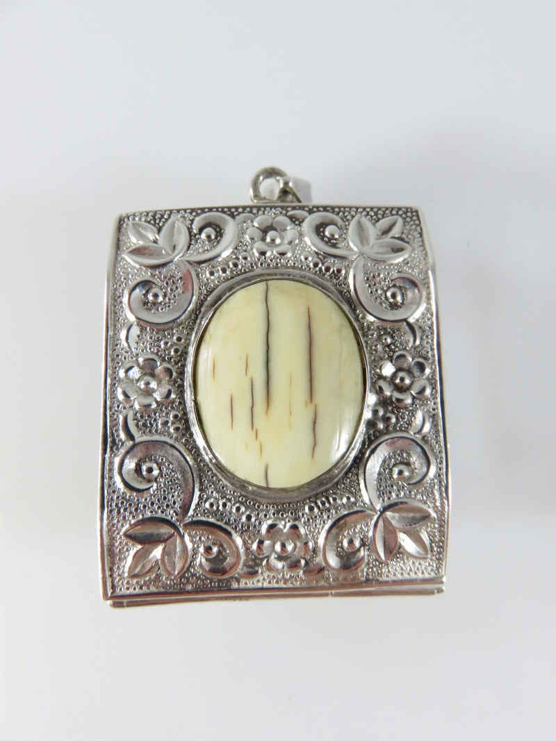 Antique Sterling Repousse Mint Pill Snuff Box Pendant With Cream Colored Bone