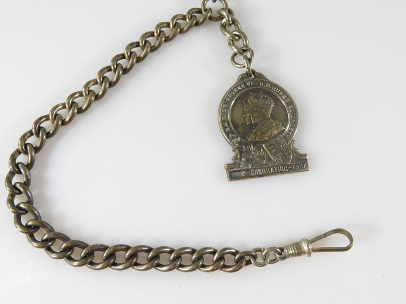 Vintage GF 9" Pocket Watch Chain with Queen Elizabeth Coronation FOB
