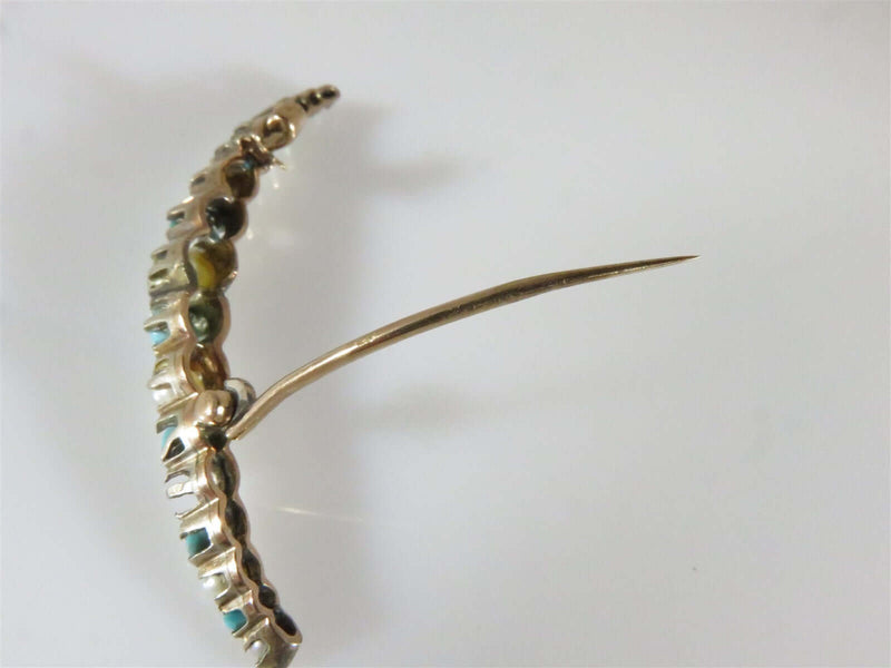 Large 2 1/4" Antique 9K Gold Turquoise Pearl Crescent Moon Wedding Gift - Just Stuff I Sell