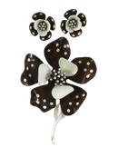 Brown and white polka dot flower brooch with matching clip-on earrings