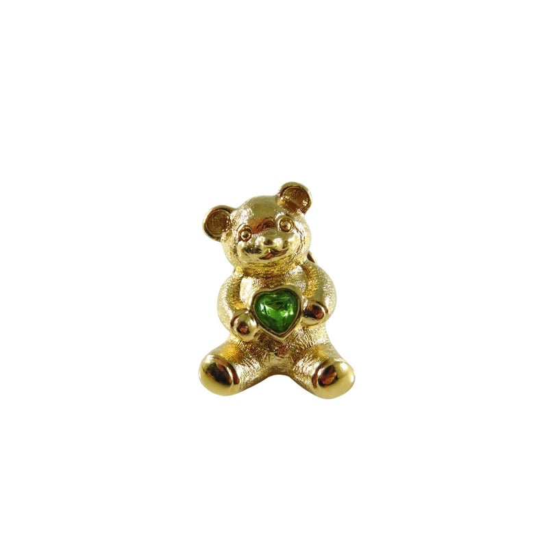 Gold Tone Avon August Birthstone Bear Lapel Pin With Green Peridot Glass Heart