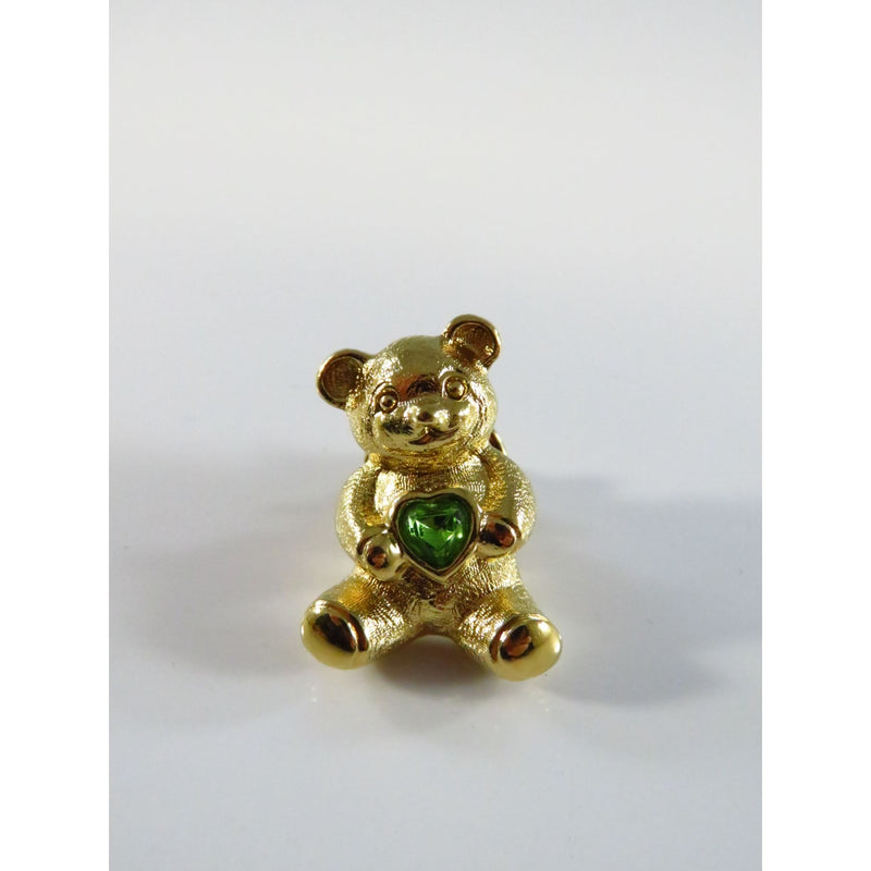 Gold Tone Avon August Birthstone Bear Lapel Pin With Green Peridot Glass Heart