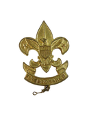 Front of gold tone BSA First Class rank pin with eagle and Be Prepared scroll
