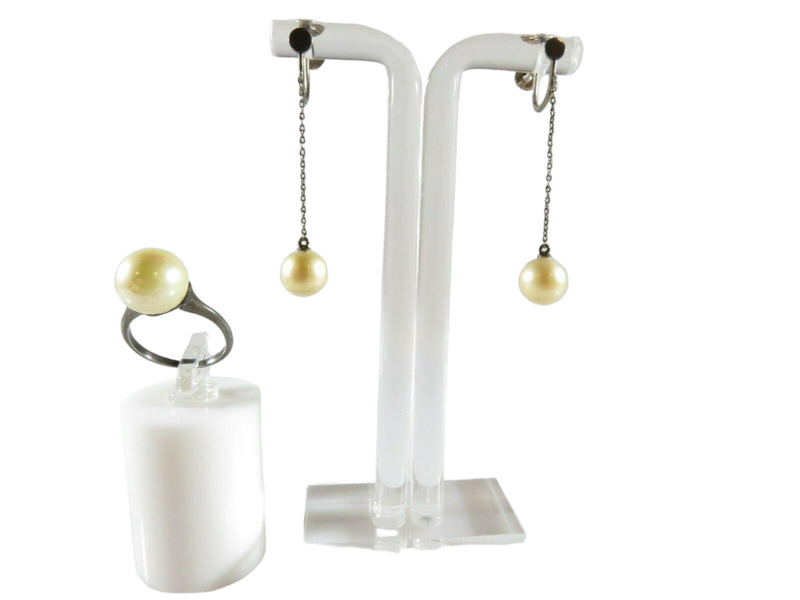 Blackened Silver & 10K Gold Faux Pearl Dangle Earrings and Silver Ring