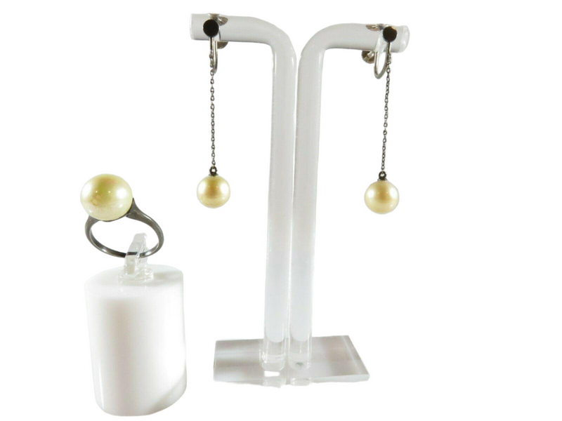 Blackened Silver & 10K Gold Faux Pearl Dangle Earrings and Silver Ring — Other Fine Jewelry • 10K, Gold • Pearl — front view