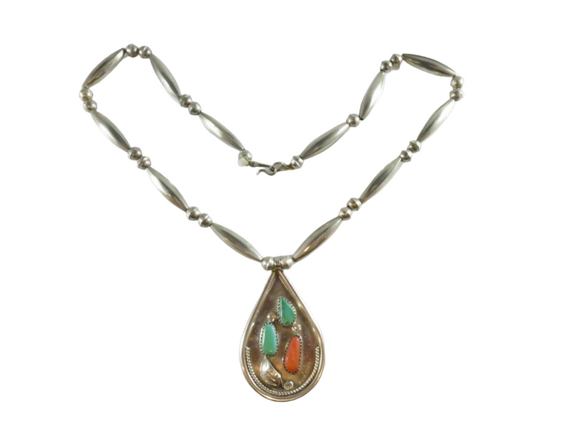 Tsethlikai Jo. Zuni Sterling Silver Coral Turquoise Bench Made Sterling Necklace — Necklaces & Pendants • Sterling Silver, Si
