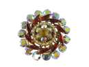 Front of gold-tone tiered dome brooch with aurora borealis and amber red rhinestones