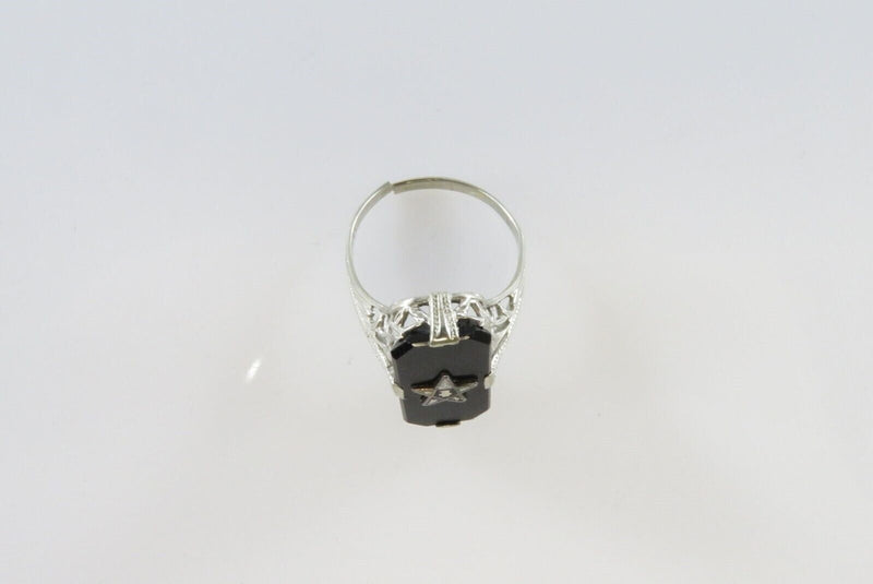 Art Deco 14K White Gold Onyx Plaque Eastern Star Filigree Ring Size 4