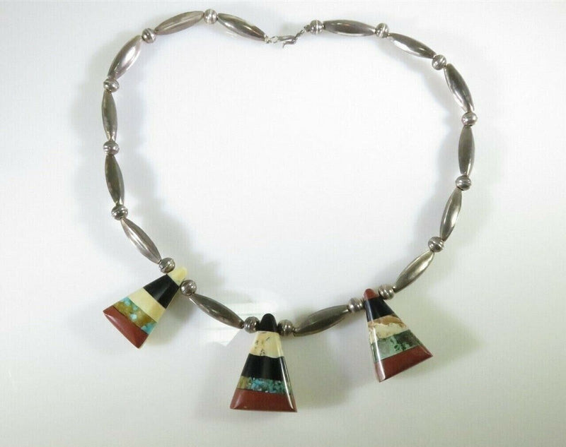 Beautiful Inlaid Stone Tab Choker Necklace With Sterling Silver Pearls & Melons product image for Just Stuff I Sell, clear front view, neutral background, original listing photo, optimized descriptive alt text, centered composition