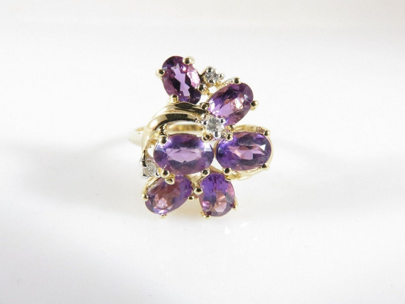 Vintage 14K Gold FL Amethyst Diamond Cluster Ring 7-Stone Split Shank Sz 6.75