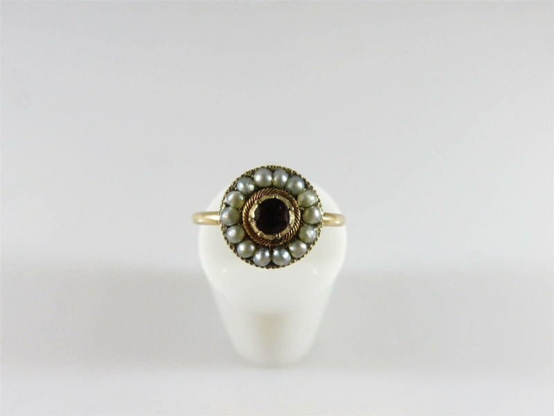 Georgian 14K Gold Garnet & Pearl Cluster Ring Antique Size 5.5