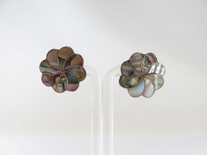 Pinwheel Flower Form Abalone & Sterling CBL Taxco Mexico Screw Back Earrings product image for Just Stuff I Sell, clear front view, neutral background, original listing photo, optimized descriptive alt text, centered composition