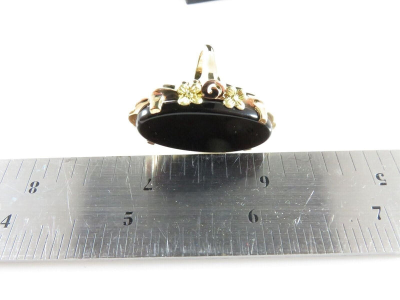 10K Gold Victorian Revival Onyx Plaque Ring Bold Flower Statement Size 6.5