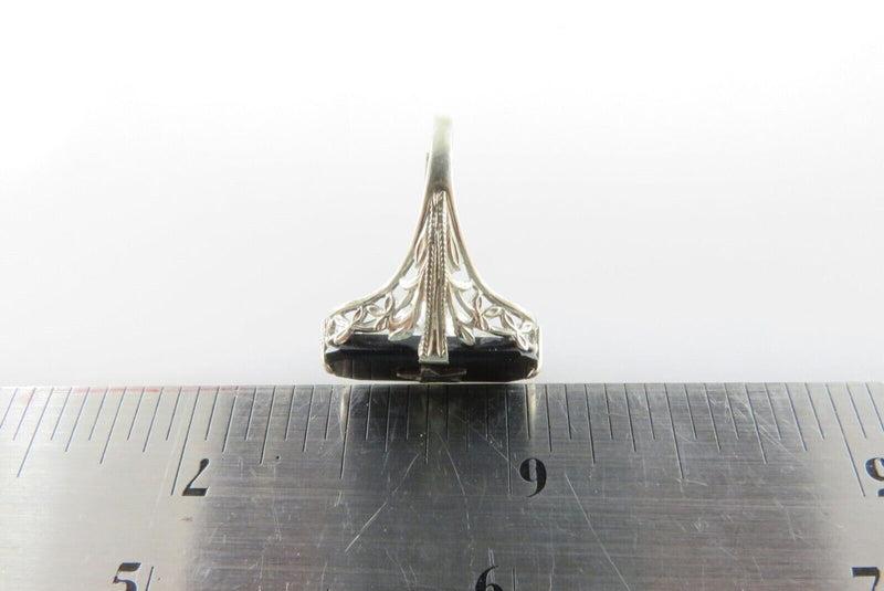 Art Deco 14K White Gold Onyx Plaque Eastern Star Filigree Ring Size 4