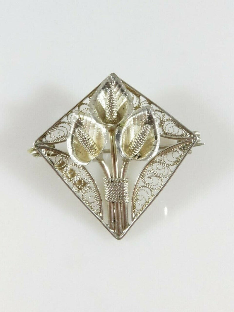 Vintage Diamond Shaped Sterling Silver Pierced Filigree Calla Lily Brooch product image for Just Stuff I Sell, clear front view, neutral background, original listing photo, optimized descriptive alt text, centered composition