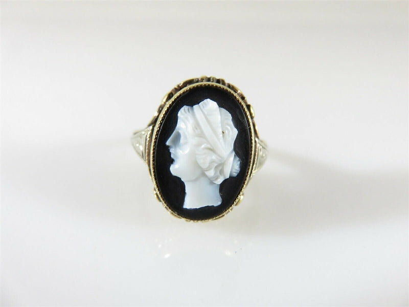 Antique 14K Gold Onyx Cameo Ring Art Nouveau Edwardian Style Size 5.5