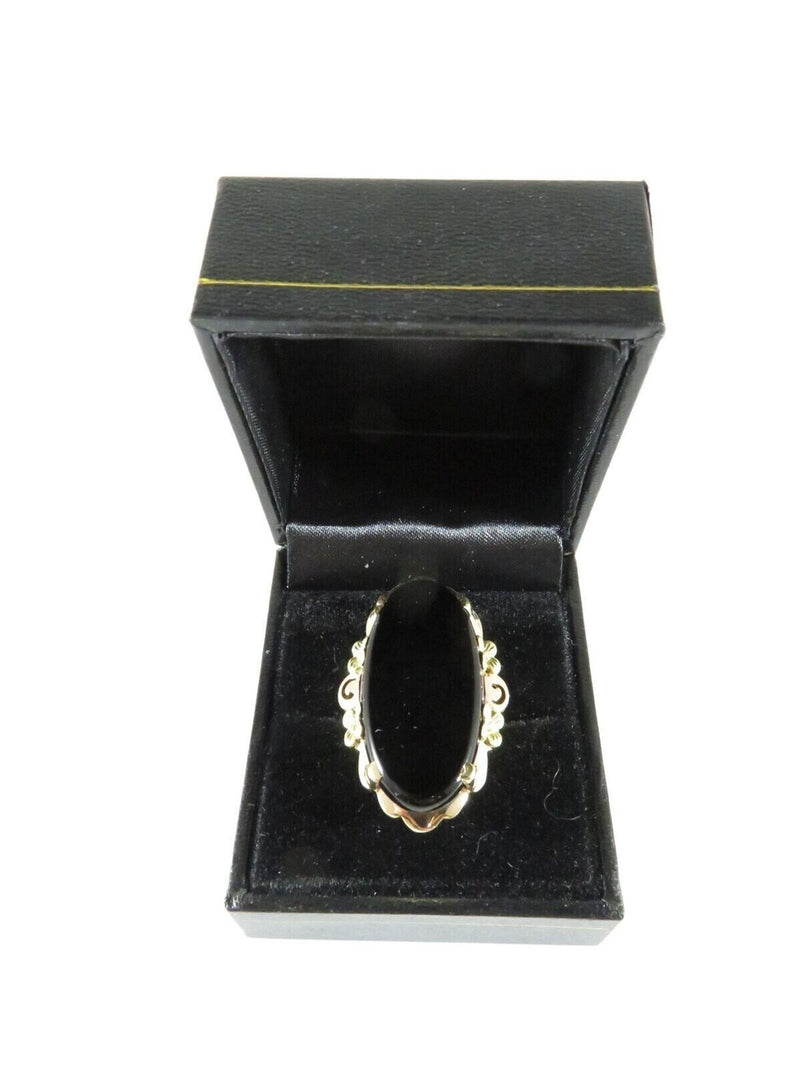 10K Gold Victorian Revival Onyx Plaque Ring Bold Flower Statement Size 6.5