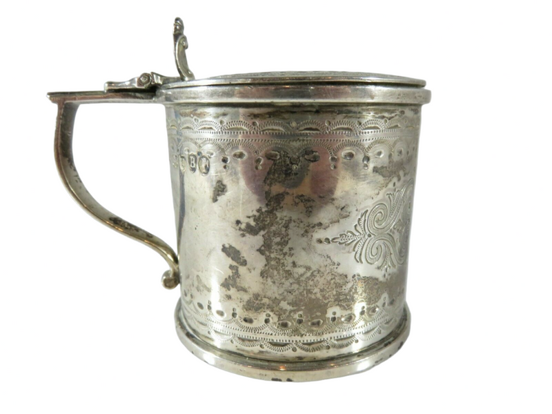 Rare Antique Sterling Silver Etched Mustard Pot 1877 by Robert Harper London