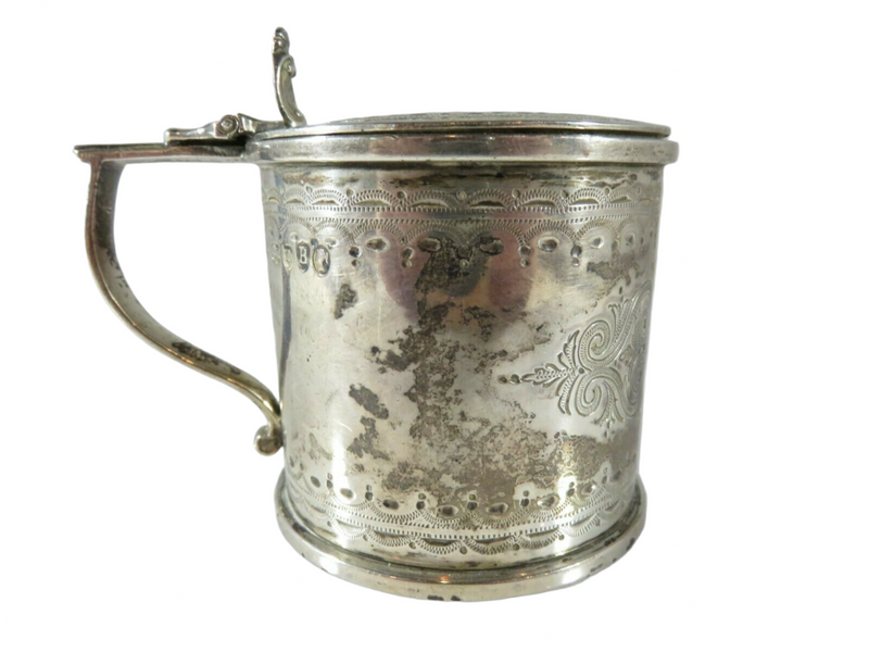 Rare Antique Sterling Silver Etched Mustard Pot 1877 by Robert Harper London — Antiques:Silver:Sterling Silver (.925):Mustard