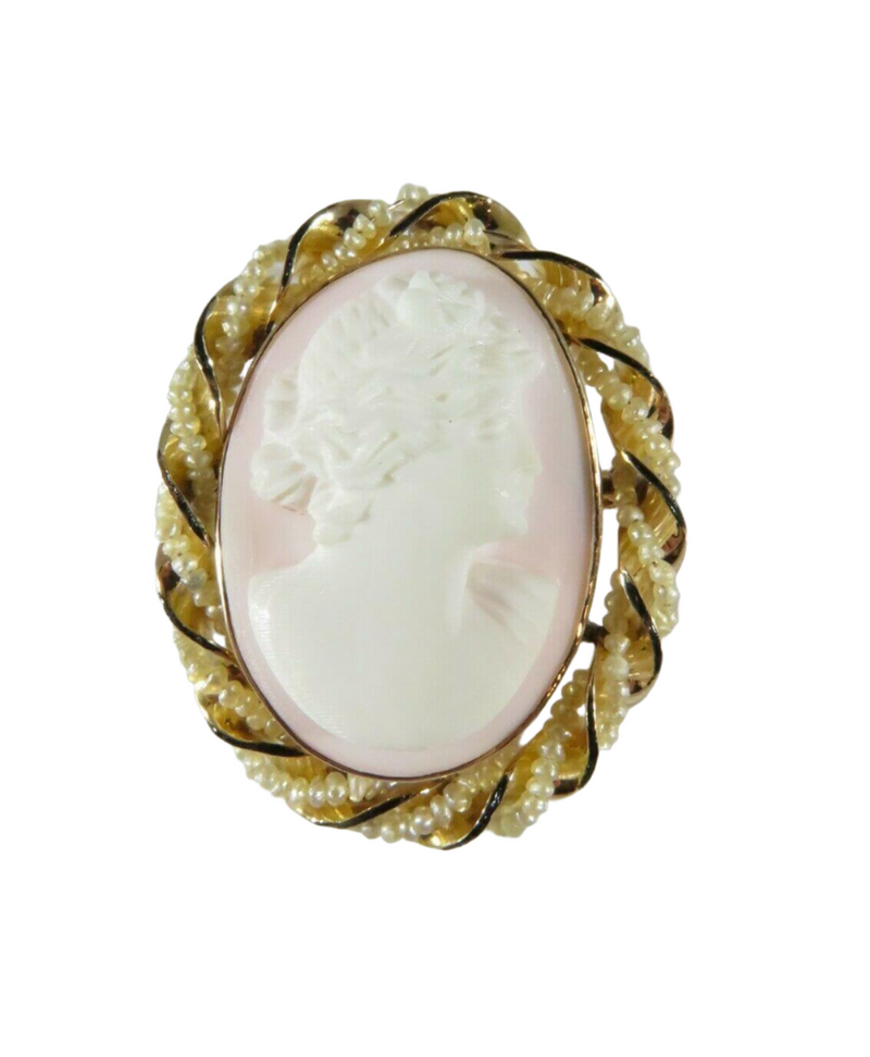 Art Nouveau Rosalyn Shell Cameo Seed Pearl & Enamel Brooch Pendant