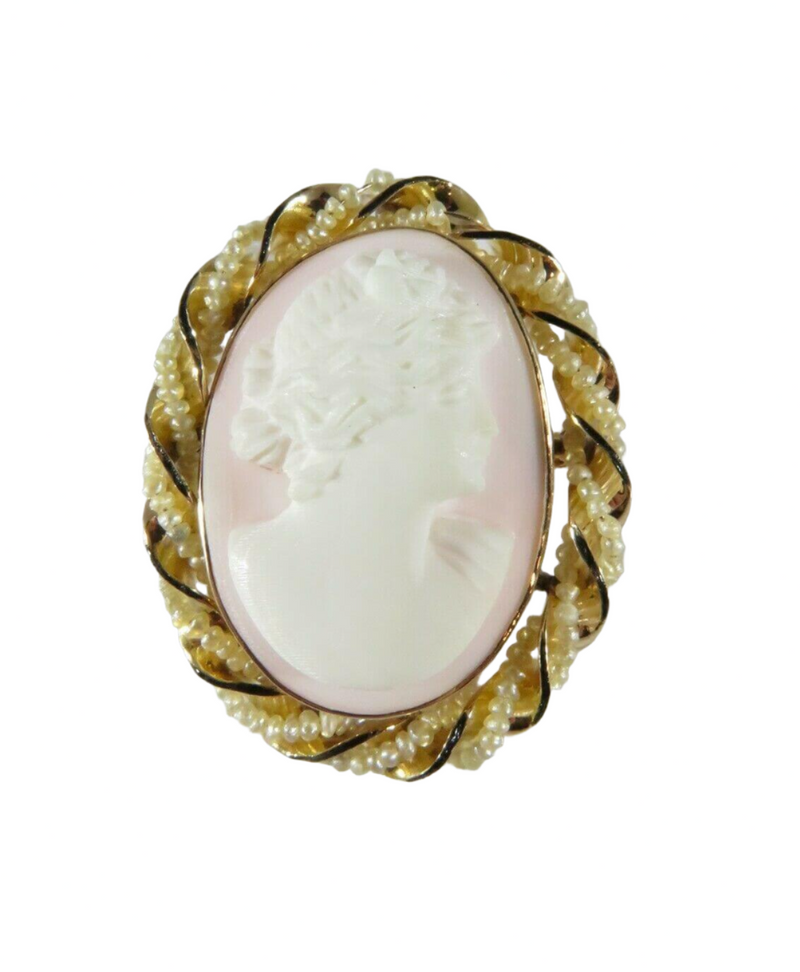 Art Nouveau 10K Gold Shell Cameo Brooch Pendant with Seed Pearl & Enamel Accents — Jewelry & Watches:Vintage & Antique Jewelr