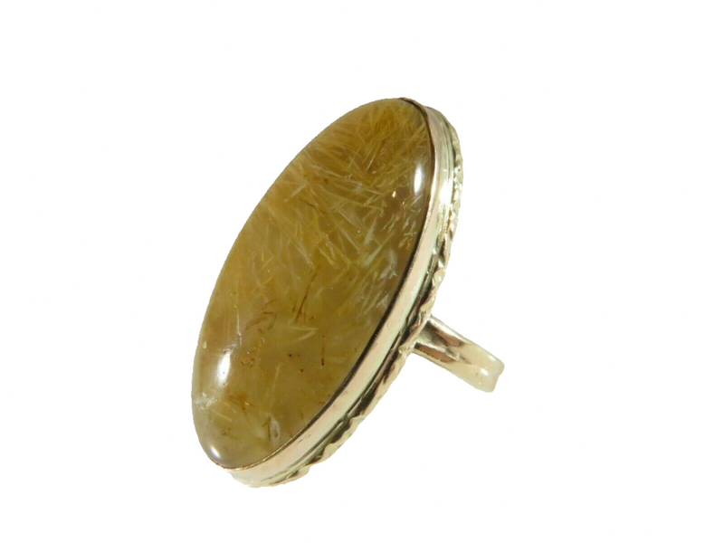 Large Antique Rutilated Quartz Cabochon Ring 10K Gold Size 7 Est. 10 Carats side view