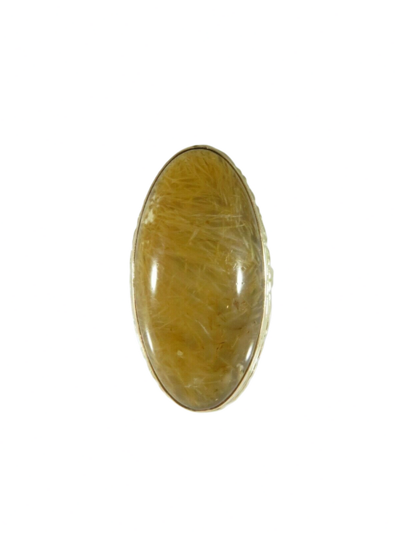 Large Antique Rutilated Quartz Cabochon Ring 10K Gold Size 7 Est. 10 Carats top view