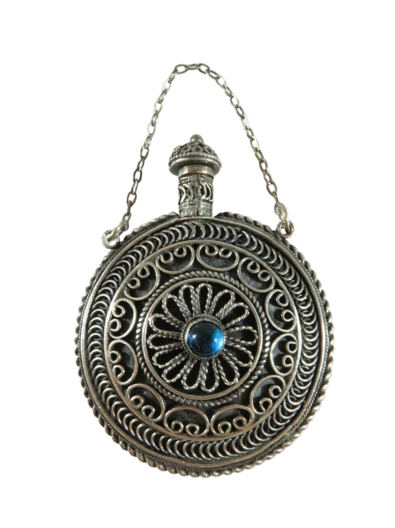 Old Palestine Sterling Round Perfume Scent Flask Fancy Chatelaine Perfume Bottle