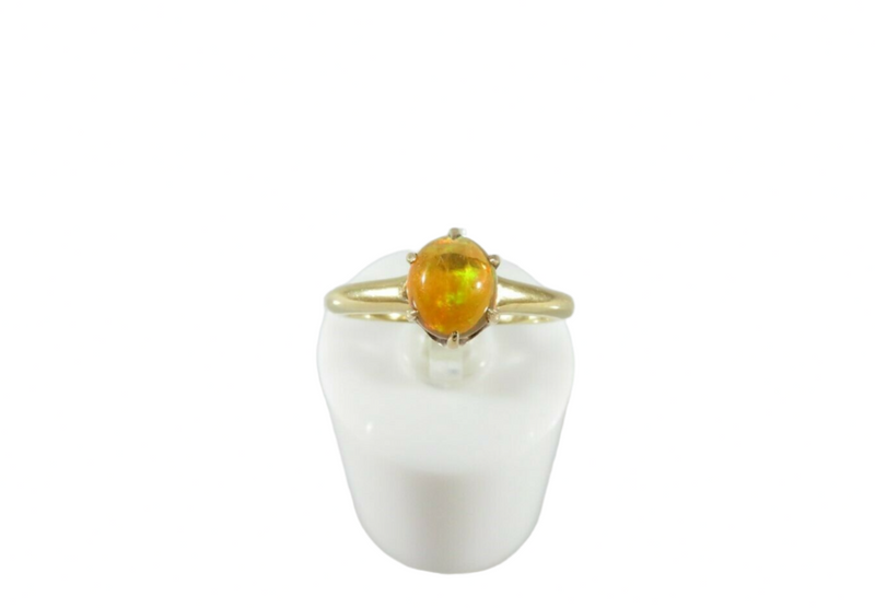 Fire Opal Solitaire Engagement Ring in 14K Gold Cabochon Translucent Orange