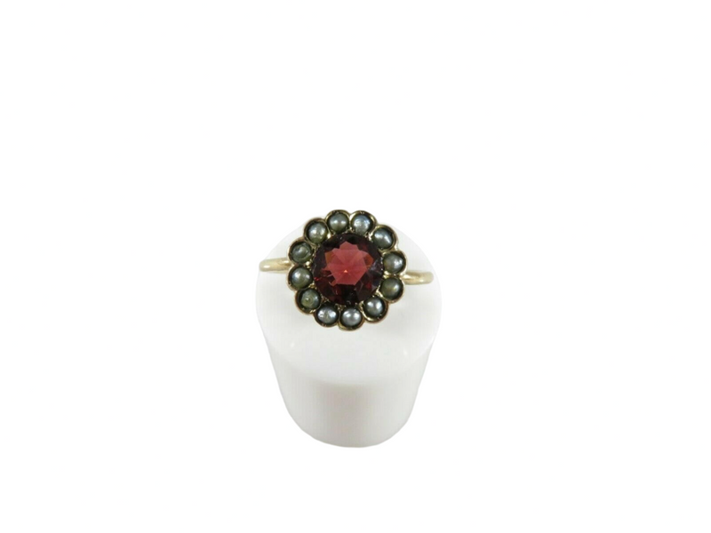 Antique Victorian 10K Gold Flower Ring with Burgundy Glass and Seed Pearl Surround Size 4.75 — Jewelry & Watches:Engagement &