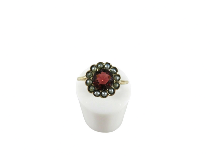 Victorian Flower Wedding Ring Burgundy Glass with Pearl Surround In 10K Gold