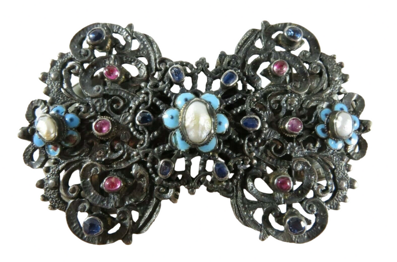 Austro Hungarian Cabochon Rubies, Oval Blue Sapphires, Cream Pearls Belt Buckle