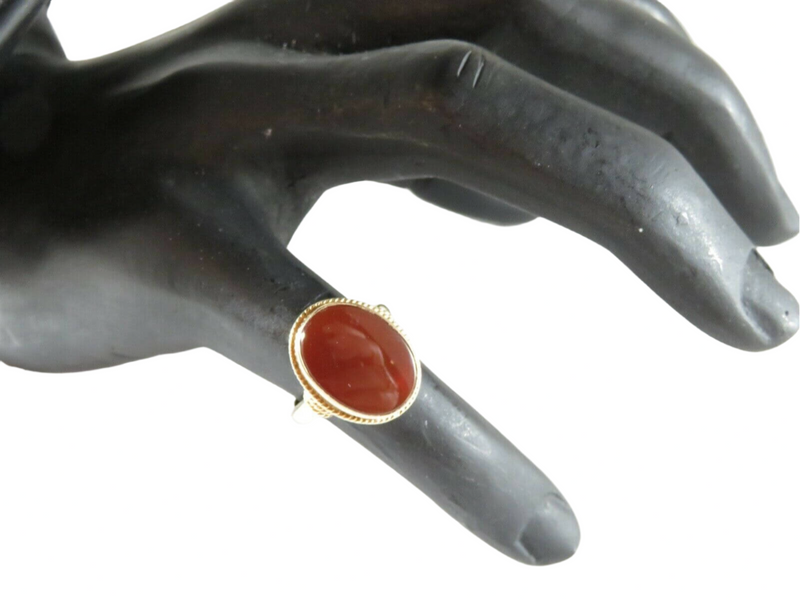 Edwardian Style Oval Burnt Orange Carnelian Ring 14K Gold Wire Wrap On Finger